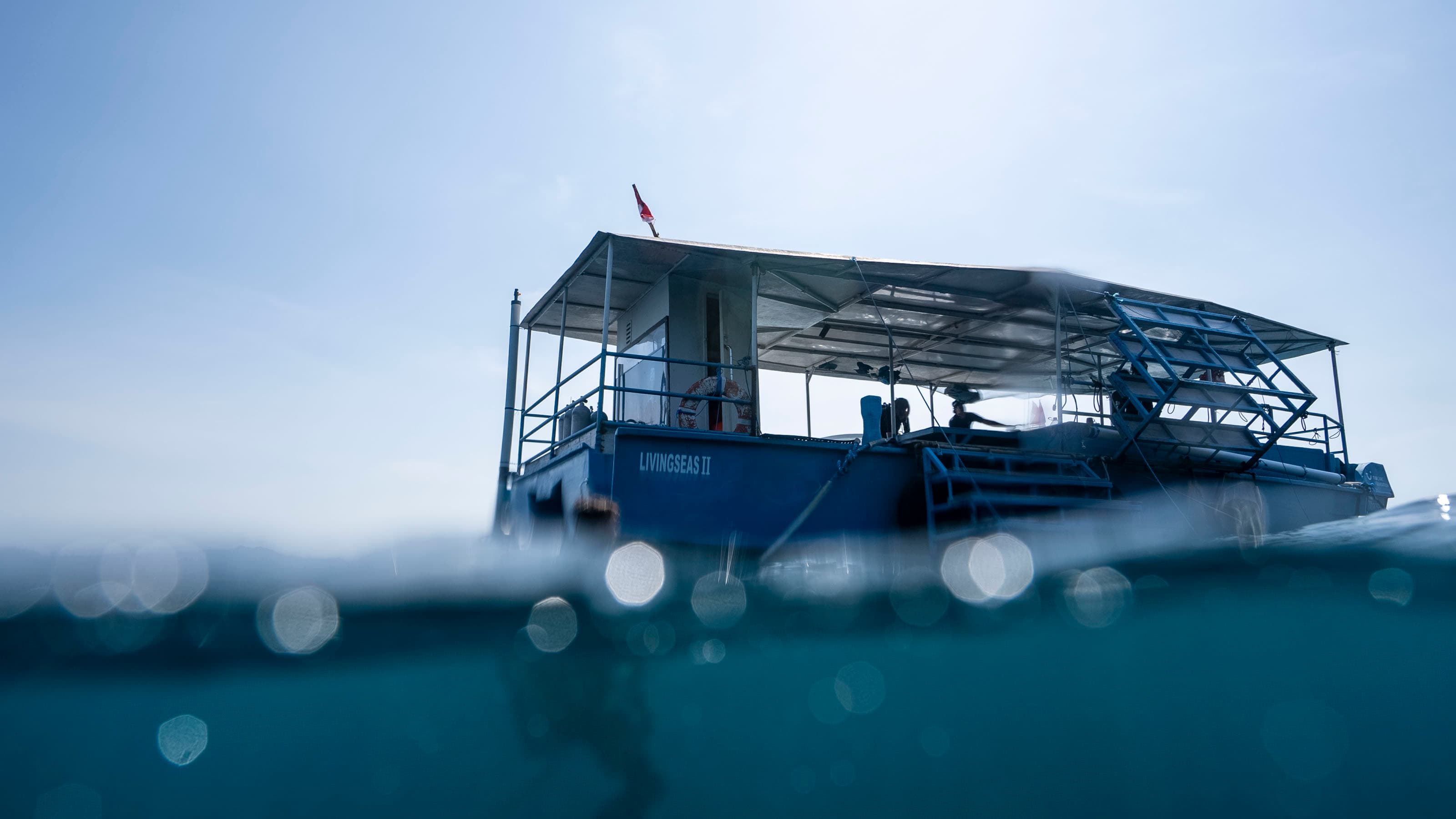 The Livingseas pontoon on the bay, seen from the waterline